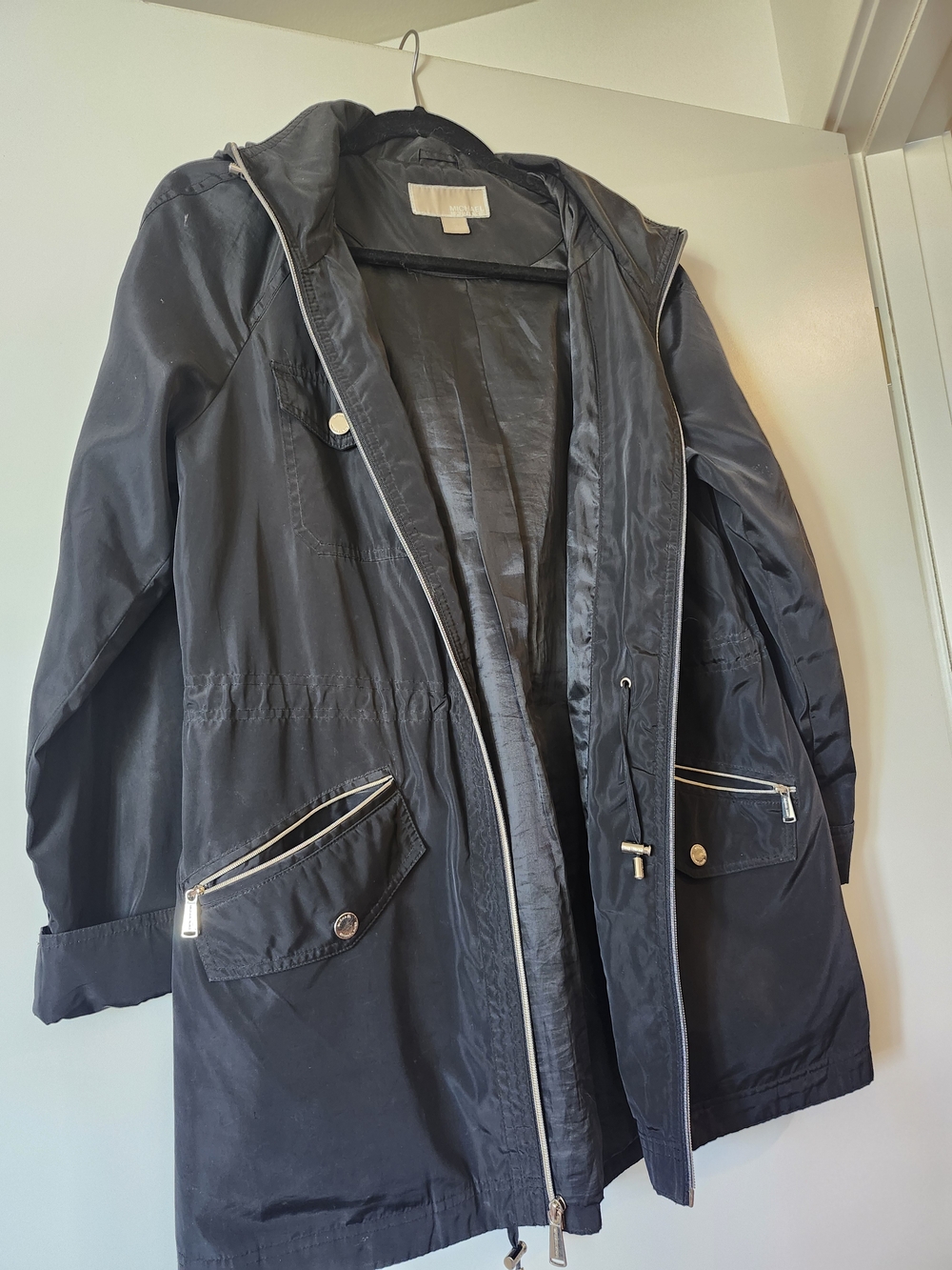 Michael Kors Black Hooded Utility Jacket with Silver Trim